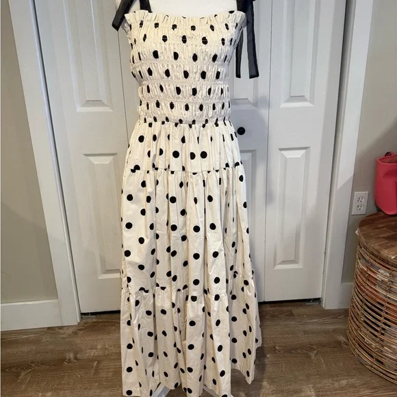 En Saison,  NWT Polka Dot Smocked Midi Dress Bow Strap Pockets, Size M - Picture 3 of 13